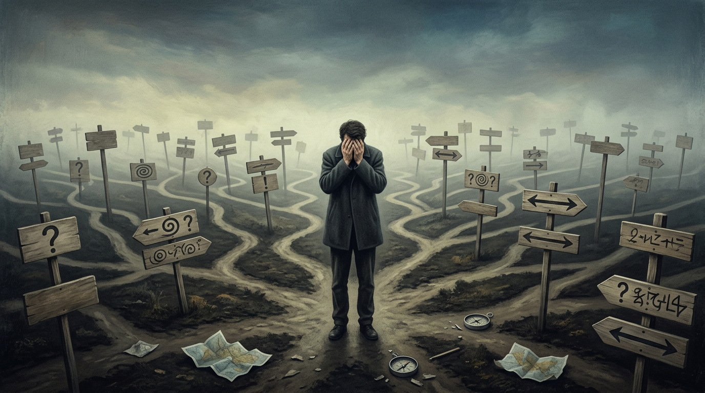 Persona a un bivio che rappresenta l'ansia decisionale e la paralisi da scelta